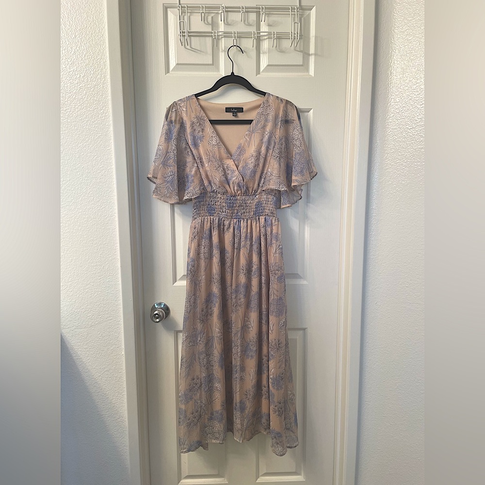 Lulu’s Subtle Romance Beige Floral Print Ruffled Midi Dress